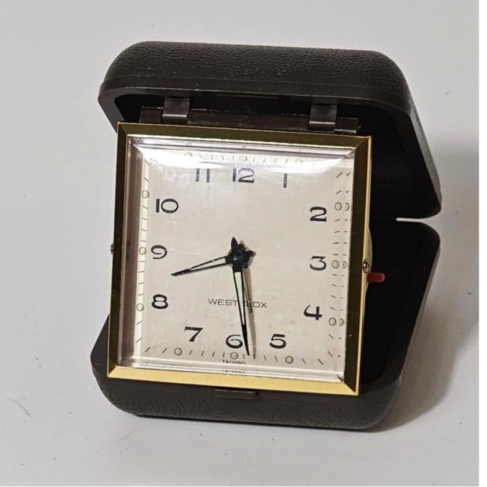 Vintage Westclox Folding Travel Alarm Clock, Brown Case, Taiwan 60s